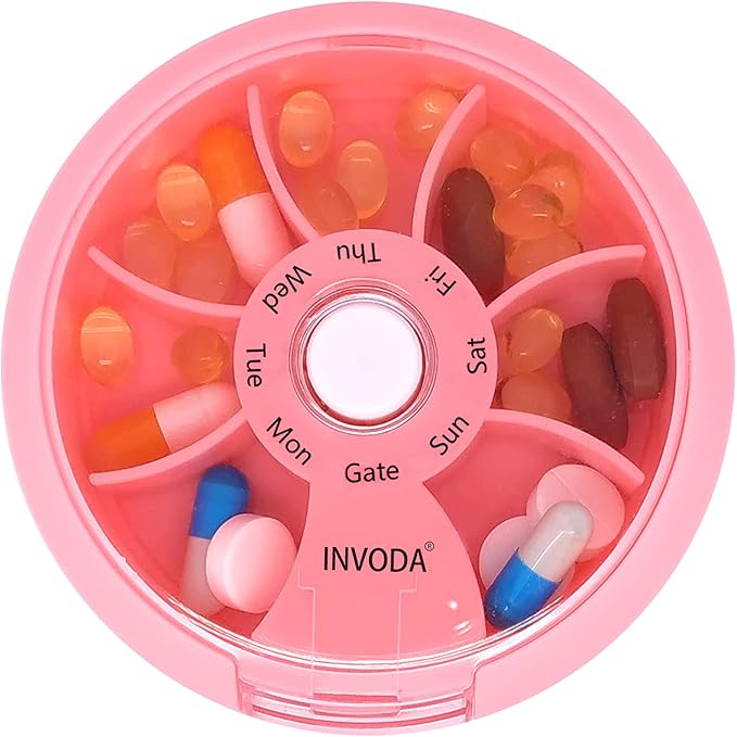 INVODA Weekly Pill Organizer 7 Compartment Rotating Pill Box
