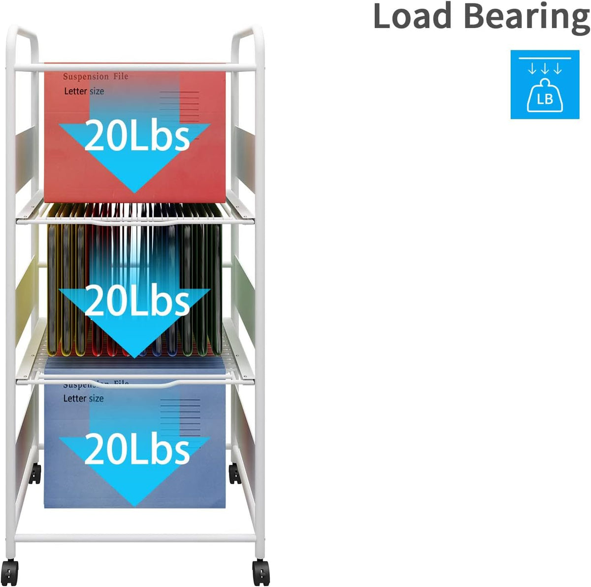 PUNCIA 3-Tier Metal Rolling File Cart with Wheels and Hanging Files for Letter Size - Movable Pull-Out Folder Rack Drawer Cabinet for Home Office
