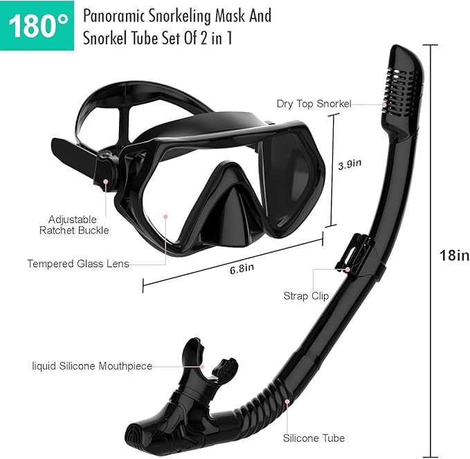 Snorkeling Gear for Adults, JRing Snorkel Mask Set with 180 Degree Tempered Glass Anti Fog Goggles Scuba Dry Top Snorkel for Swimming, Scuba Diving Mask for Men Women