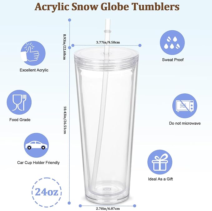 6 Pack 24Oz Snow Globe Tumblers, Double Wall Acrylic Snowglobe Cup with Pre Drilled Hole, Lids, Straws and Plug, Reusable Clear Plastic Tumbler for Snow Globe Glitter DIY