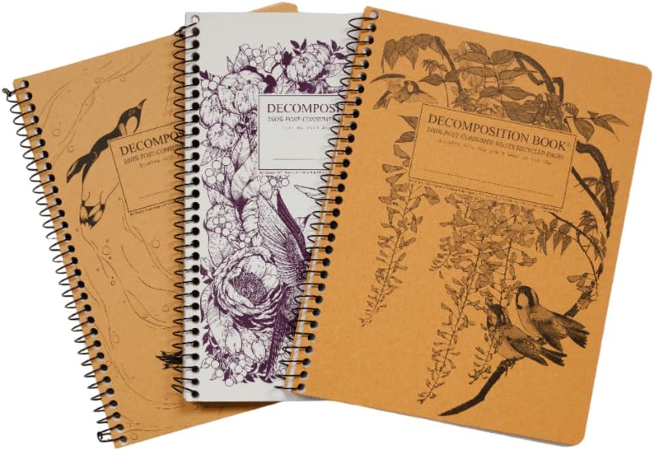 Decomposition 3-Pack Feathered Friends College Ruled Spiral Notebook - 9.75 x 7.5 Journal, 160 Lined Pages - 100% Recycled Paper - Notebooks for School Supplies, Home & Office - Made in USA