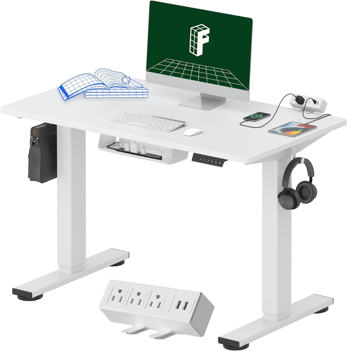 FLEXISPOT EN2 Whole-Piece Standing Desk with Clamp Power Strip, 40 x 24 Electric Stand Up Height Adjustable Desk with Cable Management (White Frame + 40" White Top)