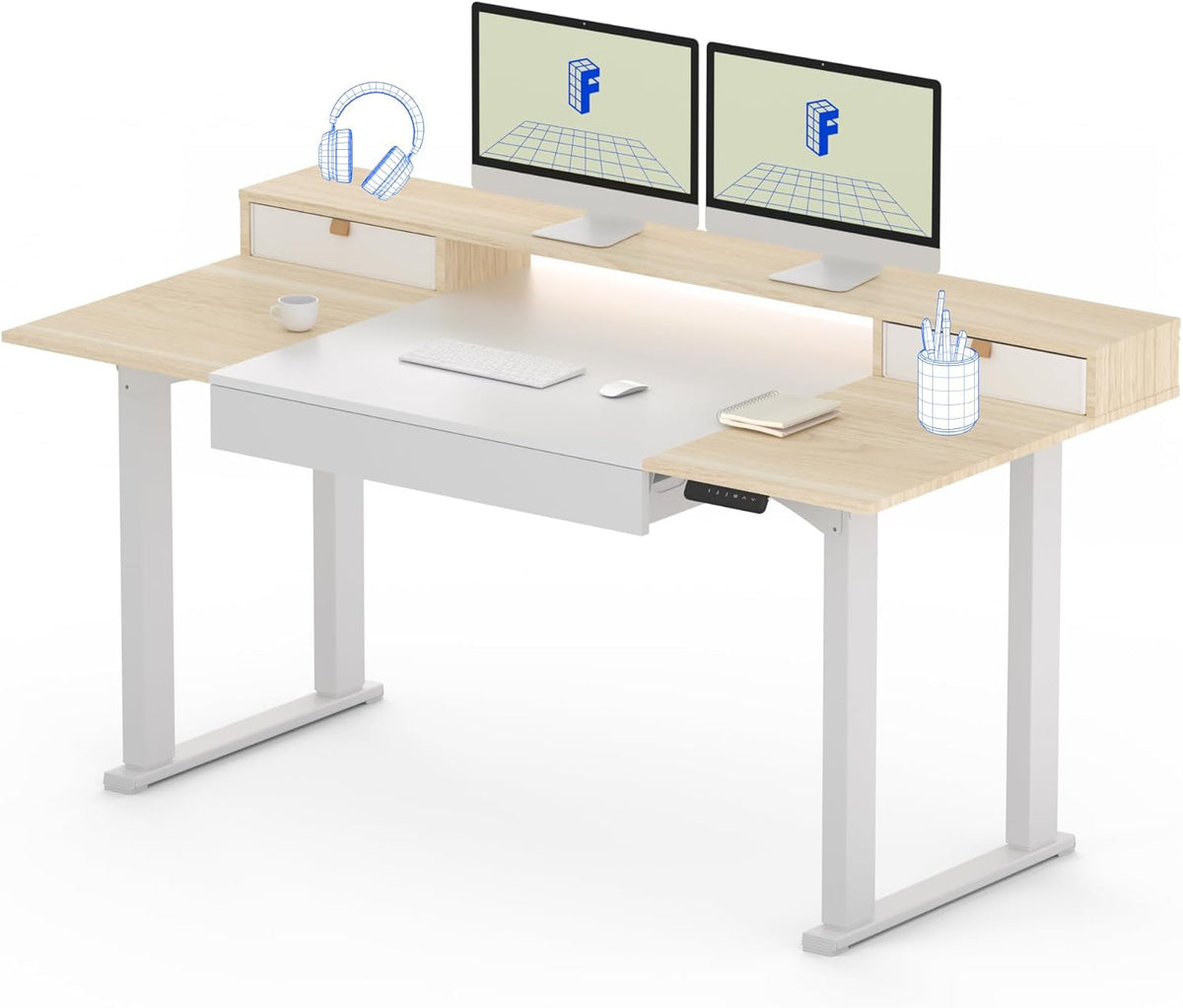 FLEXISPOT 4-Leg Standing Desk with Storage 63x32 in Electric Adjustable Height with 3 Drawers & Shelving Home Office Workstation (White + Maple Top)