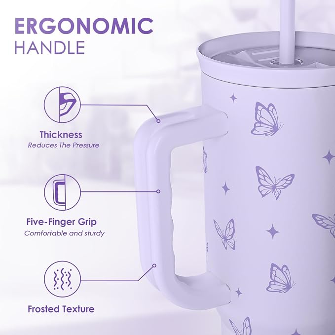 Butterfly Gifts for Women, Purple Butterfly Tumbler with Handle, Stainless Steel Insulated Coffee Travel Mug Cup, Gifts for Women Girls on Birthday Christmas, 40oz