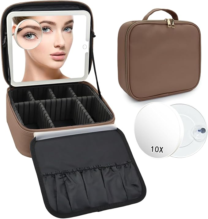 Travel Makeup Bag with LED Mirror and 10x magnifying glass with 3 Lighted