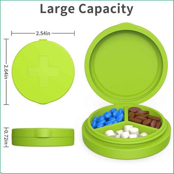2 Pack Small Pill Box, 3 Compartment Round Silicone Travel Pill Box