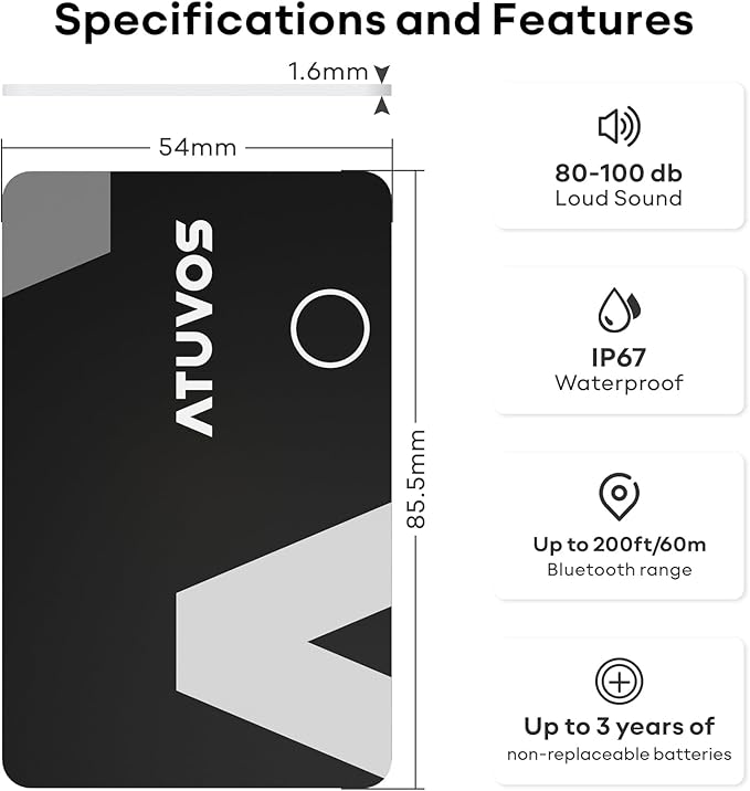 ATUVOS Wallet Tracker Finder Card, Ultra-Thin 1.6mm & 3-Year Battery, Smart