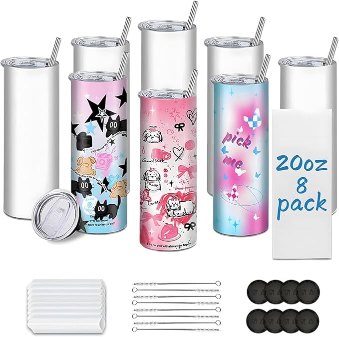 Sublimation Tumblers, 20 oz Skinny Straight Sublimation Tumbler with Lids and Straws Bulk (8 Pack)