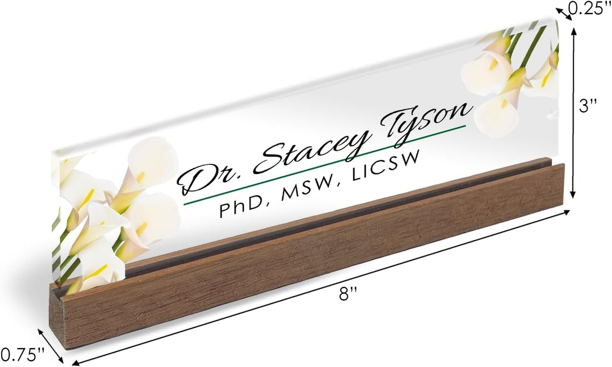 Artblox Personalized Office Desk Name Plate and Business Card Holder | Clear Acrylic Glass with Teak Wood Stand | Calla Flowers Design Customized with Your Name and Credentials Office Desk Decor