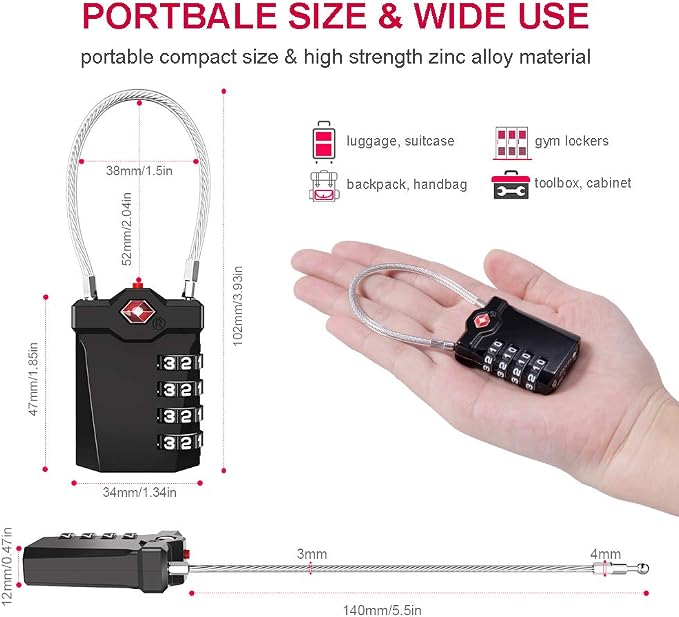 ZHEGE TSA Approved Locks for Luggage, Cable Locks