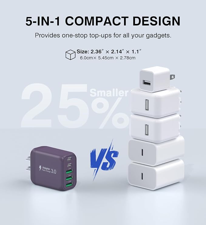 50W 2-Pack USB C Wall Charger Block, 5-Port C Charger Fast Charging Block PD