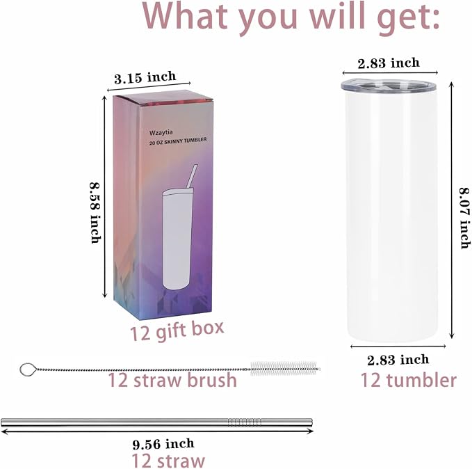12 Pack 20 Oz Straight Skinny Tumblers,Individually Gift Boxed Stainless Steel Slim Skinny Tumbler Set Bulk, 20 Oz Insulated Slim Thin Travel Tumbler Cup for Diy, White