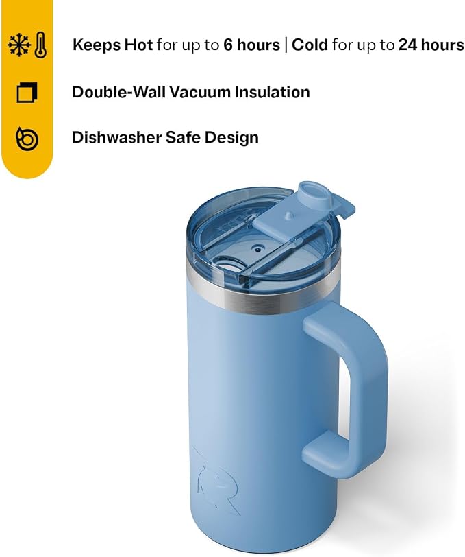 RTIC 20oz Road Trip Travel Mug with Lid and Handle, Insulated, Stainless Steel, Metal, Double Wall Vacuum-Insulation, Ceramic Lined, Portable Coffee, Tea Cup for Hot and Cold Drink, Denim
