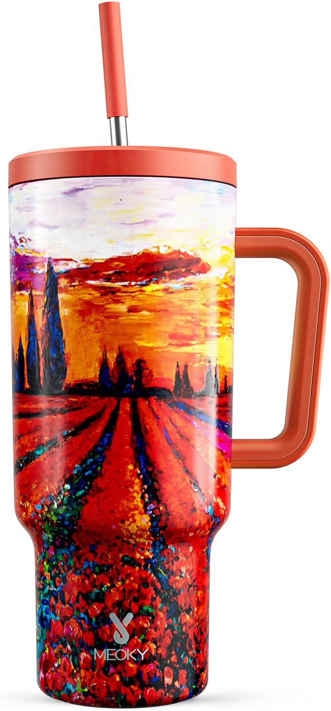 Meoky 40 oz Tumbler with Handle and Straw: Stainless Steel Insulated Tumbler with Lid and Straw - 100% Leak Proof Tumbler for Car Cup Holders - Travelers Commuters Workers, Red Floral