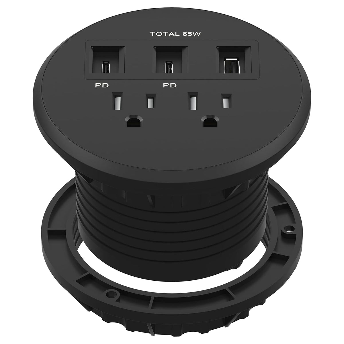 LIDER PD 65W GaN Technology Desktop Power Grommet, Power Delivery, USB-A and 2 USB-C Ports, Tamper-Resistant Receptacles, Self-Close Cover, Desk Charging Station, Black, 6.5ft Cord, ETL Listed
