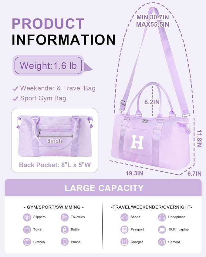 Daughter Niece Gifts for Teen Girl Kids, Initial Travel Duffel Bag Sports Gym