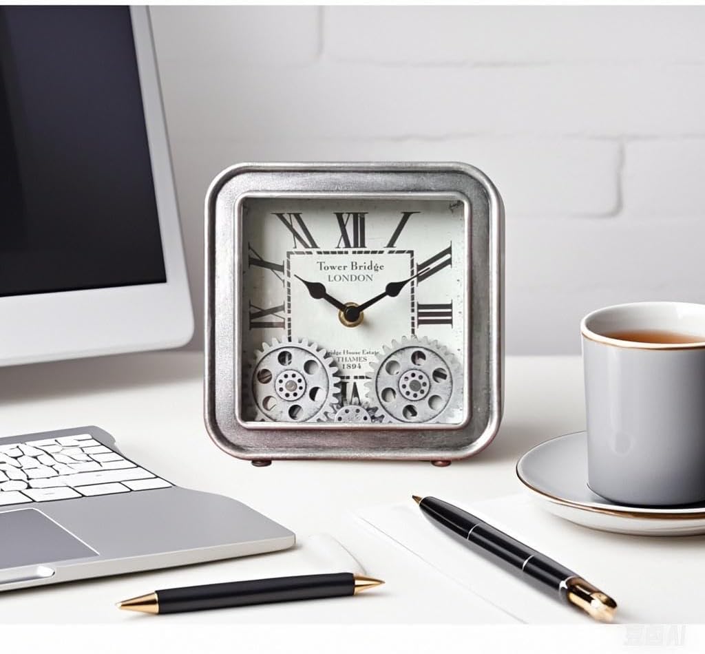 Desk Clock Vintage Metal Table Clocks with Moving Gears, Silent Retro Industrial Steampunk Quartz Small 6 inch End Table Clock for Home Office Living Room Decor Battery Operated