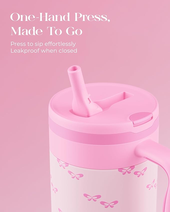 40 oz Insulated Tumbler with Handle and Push-Button Straw Lid, Stainless Steel Travel Cup for Gym Office Leakproof, BPA-Free, Cup Holder Friendly, Bow Silicone Boot, Pink (Coquette Bubblegum)