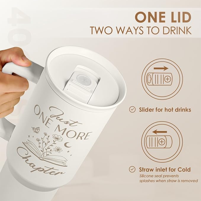 Book Lover Gifts for Women, Just One More Chapter Tumbler with Handle, Stainless Steel Insulated Coffee Travel Mug Cup, Gifts for Women Girls Bookworm on Christmas Birthday, 40oz
