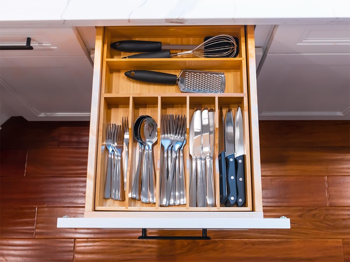 Umilife Kitchen Drawer Organizer, 12.5 Inch Silverware Utensil Tray Holder, Extra Deep, with Non-Slip Feet & Grooved Drawer Divider, 7 Slots Total Bamboo Wood Caddy for Flatware Cutlery Knives