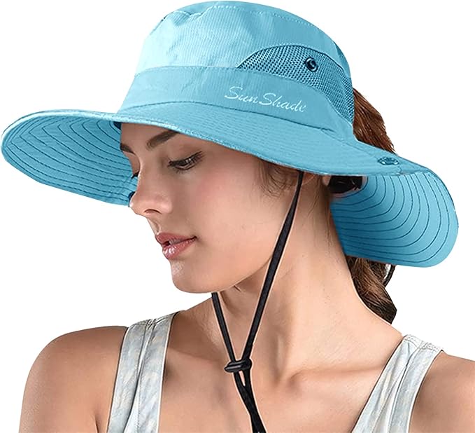 ZOORON Women's Ponytail Safari Sun Hat, Wide Brim UV Protection Outdoor Bucket