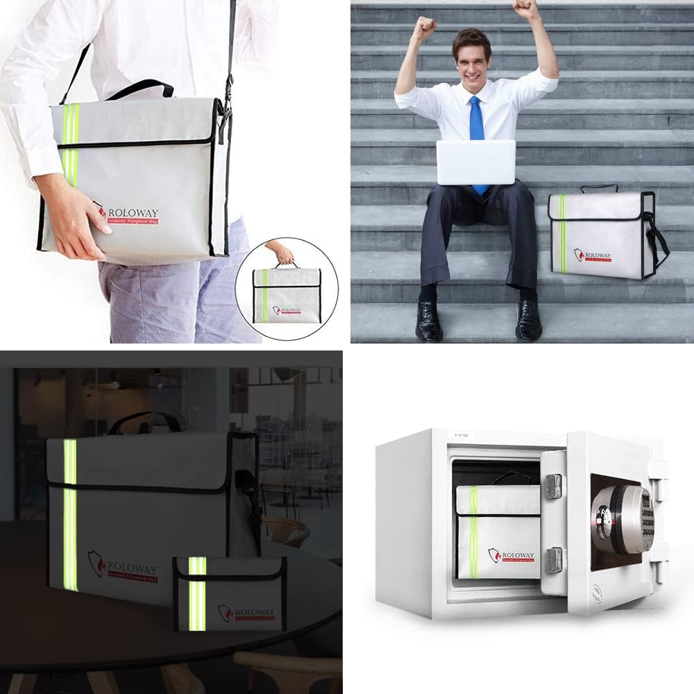ROLOWAY Large (15 x 12 x 5 inches) Fireproof Bag with Reflective Strip, Water Resistant Fireproof Document Bag Safe for Money, Documents and Valuables Storage