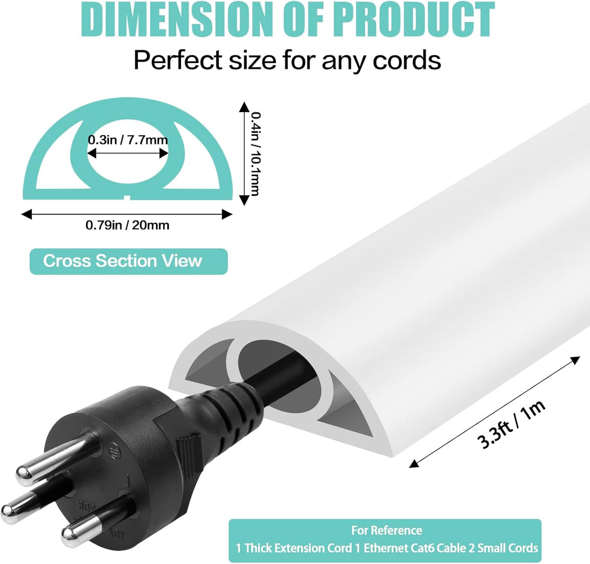Floor Cord Cover Self Adhesive Cord Hider,3.3FT Cable Management, Extension Strip Protector for Wires, Prevent Cable Trips for Offices, Gyms, Exhibitions Cavity:0.3"(W) x 0.28"(H) White
