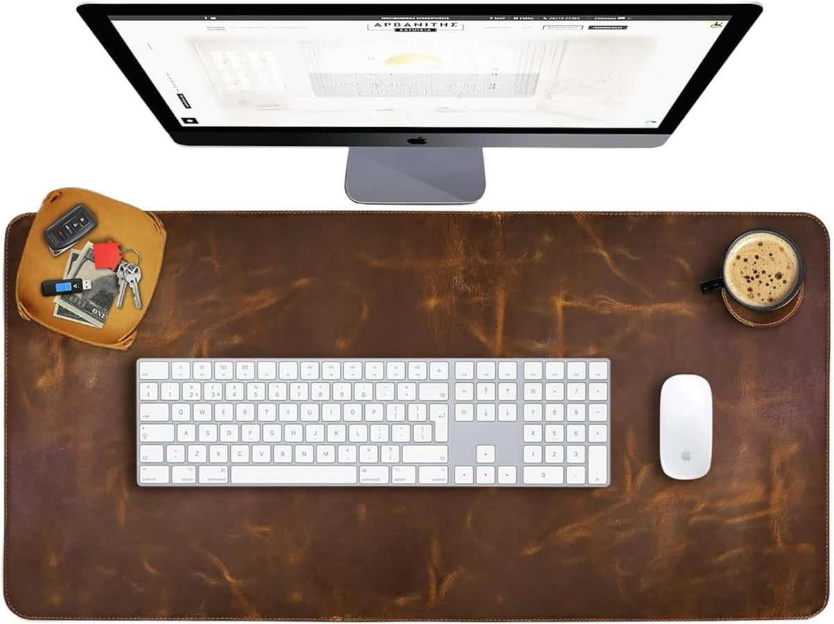 ELIZO Leather Desk Pad Real Leather Desk Mat Thick (3mm) Double Layer (31x15.6) Cover Blotter Desk Protector Large Computer Mat for Keyboard Mouse Pad Table Laptop Mat Office Desktop Accessories