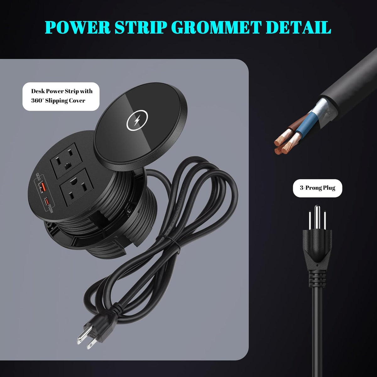 XBA PD 20W USB C Desk Power Grommet with 15W Wireless Charger Cover, Recessed Power Strip with 18W USB A and 2 AC Outlets,Hidden Power Outlets with 6FT Cords for Office, Home, Conference(Black)