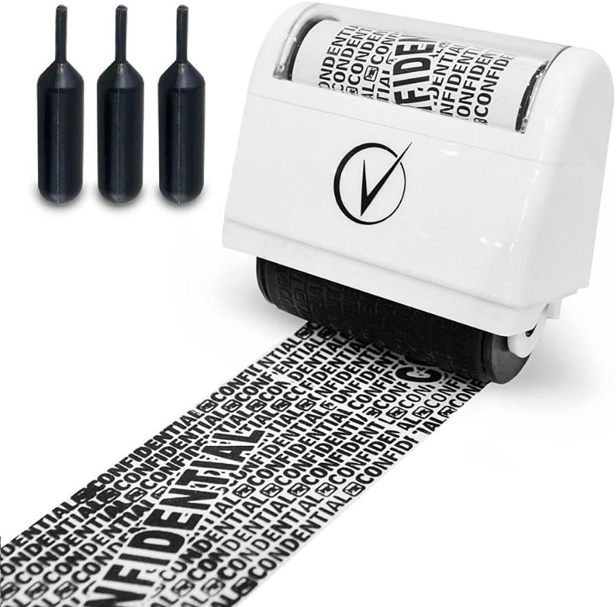 Vantamo Identity Theft Protection Roller Stamp for Hiding Sensitive Information, Wide Confidential Stamp with 3 Ink Refill, Security Stamp Roller for Identity Theft Prevention, Classy White