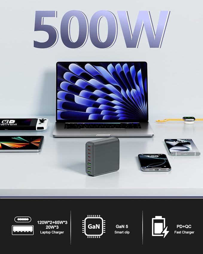 500W USB C Charger Block, 8-Port USB C Charging Station Fast Charging PD 120W