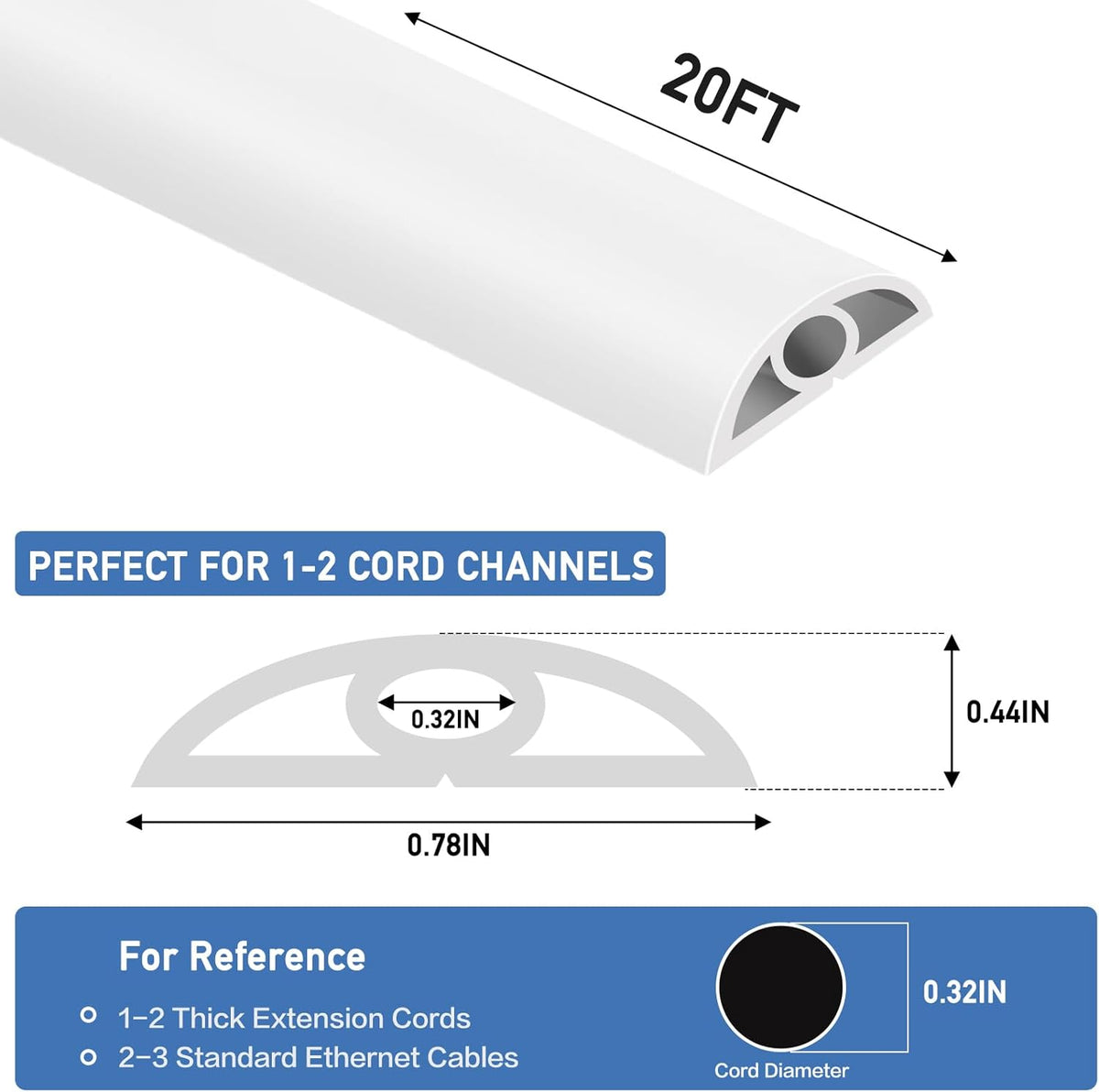 Floor Cord Cover Self Adhesive Cord Hider Floor Extension Cord Covers for Floor Power Cord Protector Cable Management Prevent Cable Trips Cable Cavity 0.32" W x 0.32" H (White, 20Ft)
