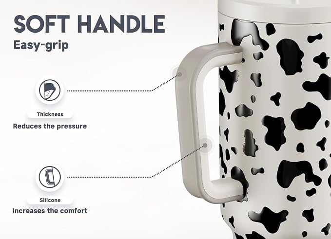 Meoky 40 oz Tumbler with Handle and Straw, Tumbler with Lid and Straw, Insulated Stainless Steel Travel Mug, 100% Leak-proof, Keeps Cold for 34 Hours or Hot for 10 Hours (Cow)