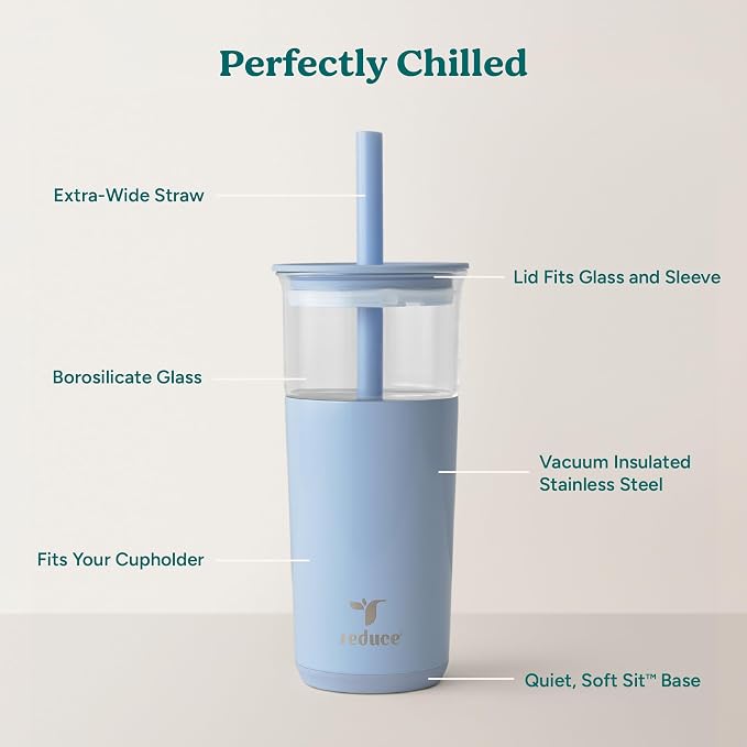 REDUCE Aspen 20 oz Vacuum Insulated Glass Tumbler with Lid & Extra Wide Straw - Keeps Drinks Cold for 12 Hrs - Ideal for Iced Coffee, Smoothies & Boba - Dishwasher Safe, Soft Base - Glacier