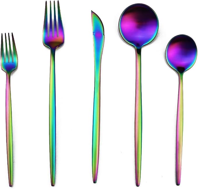 Matte Rainbow Silverware, Gugrida 5-Piece 18/10 Stainless Steel Flatware Set