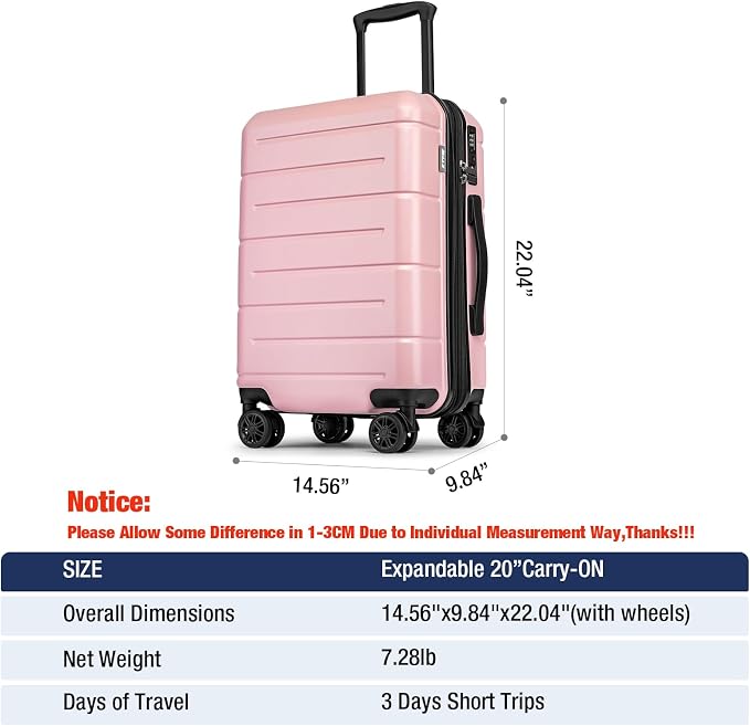 KYME Pink Hardside Expandable Carry On Luggage 22x14x9 Airline Approved 20 Inch