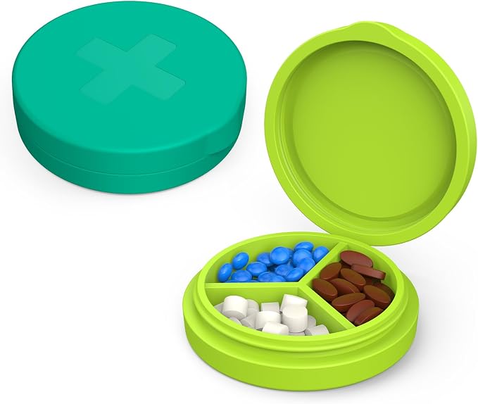 2 Pack Small Pill Box, 3 Compartment Round Silicone Travel Pill Box