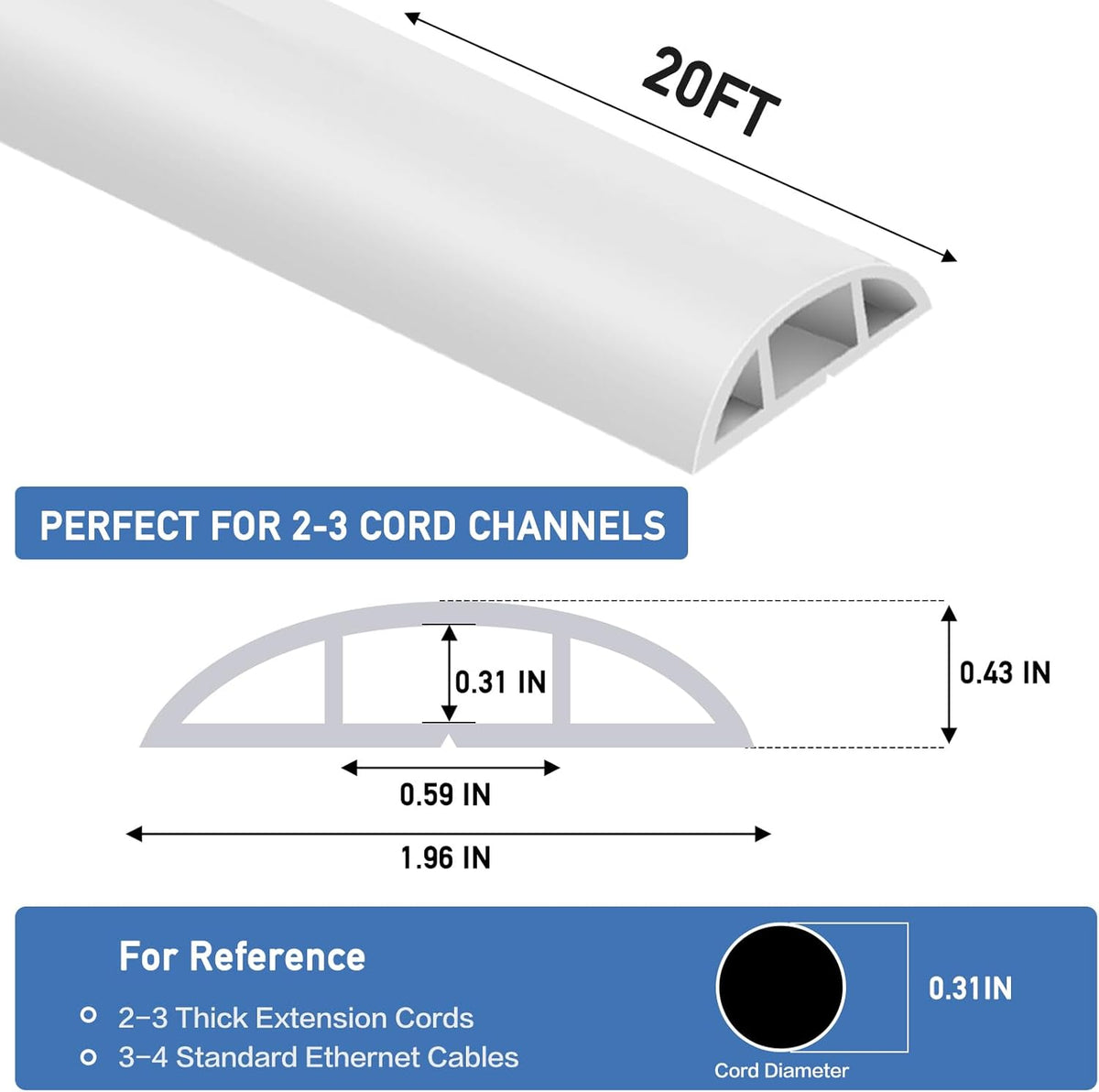 Floor Cord Cover Self Adhesive Cord Hider Floor Extension Cord Covers for Floor Power Cord Protector Cable Management Prevent Cable Trips Cable Cavity 0.59" W x 0.31" H (White, 20Ft)