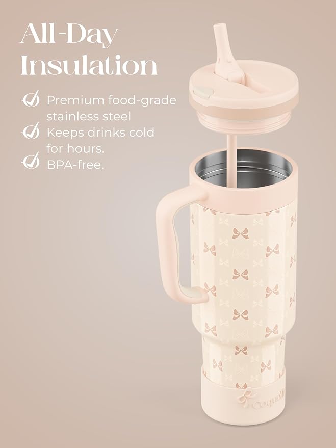 40 oz Insulated Tumbler with Handle and Push-Button Straw Lid, Stainless Steel Travel Cup for Gym Office, Leakproof, BPA-Free, Cup Holder Friendly, Bow Silicone Boot, Cream (Bow Cream)