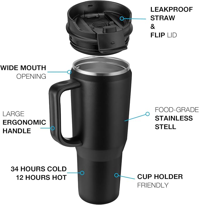 EALGRO 40 oz Tumbler with Handle, Insulated Tumblers with Lid and Straw, Large Metal Sports Water Bottle Jug, Thermal Stainless Steel Travel Coffee Mug Cup, Lavender