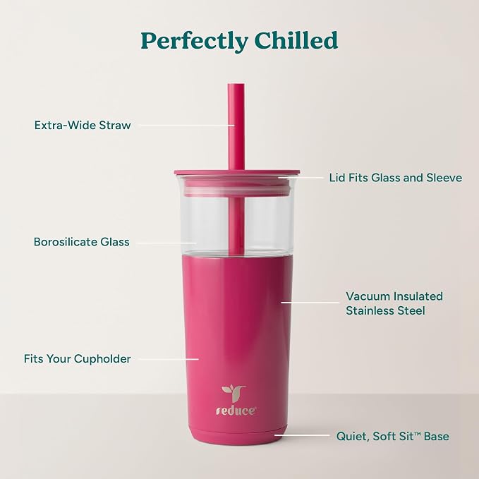 REDUCE Aspen 20 oz Vacuum Insulated Glass Tumbler with Lid & Extra Wide Straw - Keeps Drinks Cold for 12 Hrs - Ideal for Iced Coffee, Smoothies & Boba - Dishwasher Safe, Soft Base - Dragonfruit