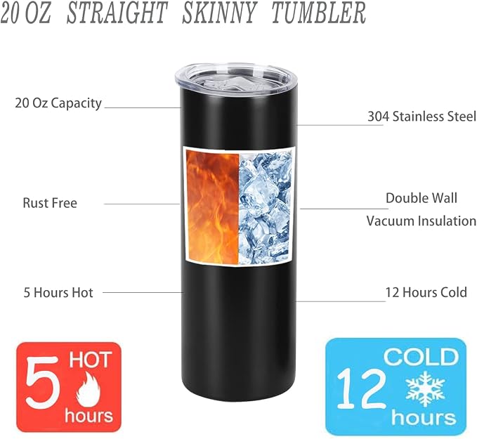 20 Oz Stainless Steel Straight Skinny Tumbler Set (8 Pack), Insulated Slim Thin Travel Cup with Lid, Black