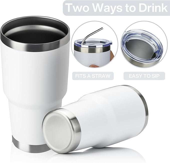MEWAY 30oz Insulated Tumbler With Lids and Straws,Stainless Steel Double Vacuum Coffee Tumbler Cup, Brush, Durable Powder Coated Coffee Cup for Cold & Hot Drinks, Office, Travel(White,8 PACK)