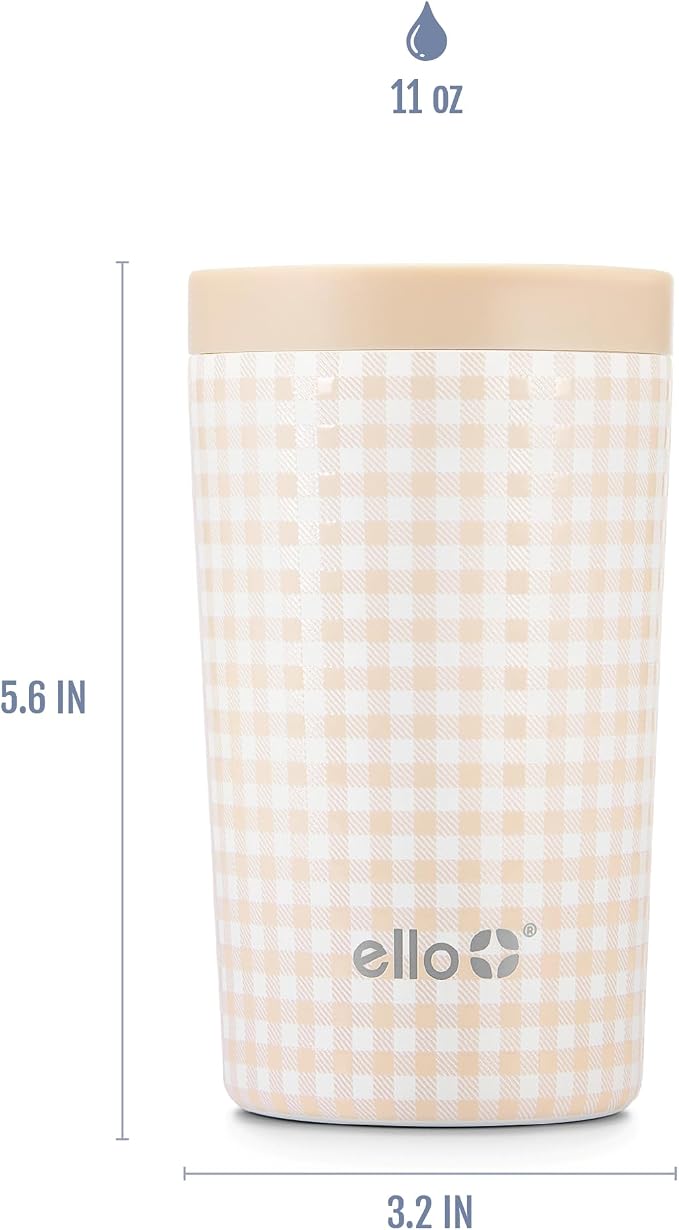 Ello Jones 11oz Insulated Stainless Steel Travel Mug with Leak-Proof Slider Lid, Single Serve Small Coffee Tumbler, Keeps Drinks Hot 3 Hours Cold 8 Hours, BPA-Free, Beige Gingham