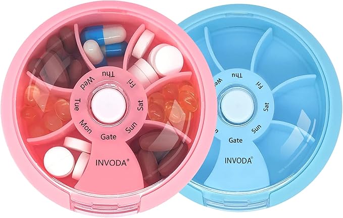 INVODA Weekly Pill Organizer 7 Compartment Rotating Pill Box