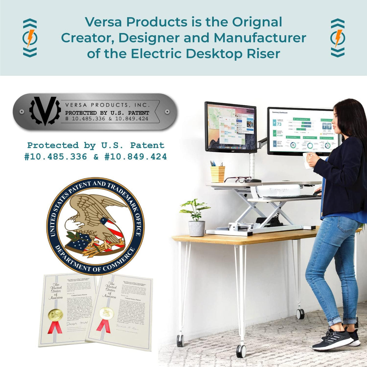 VRSADESK PowerPro™ Electric Standing Desk Converter - Height Adjustable Desk Riser with Keyboard Tray & USB Hub - Holds 80 lbs - Ergonomic Sit Stand Workstation for Home & Office | Maple (40” x 24”)