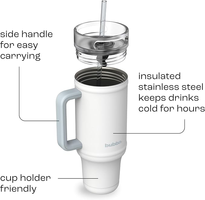 bubba 40 oz Insulated Stainless Steel Tumbler with Handle and Straw - Leakproof, Dishwasher Safe, Cup Holder Tumbler, Lead-Free and BPA-Free, Fresh Kicks