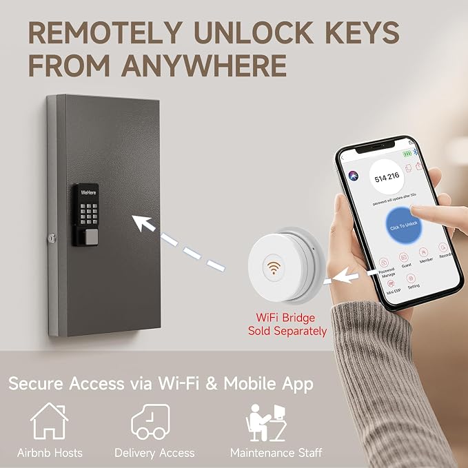 WeHere 48 Key Lock Box Wall Mount, APP Bluetooth/OTP/Wi-Fi/Fixed Code/Key Unlock
