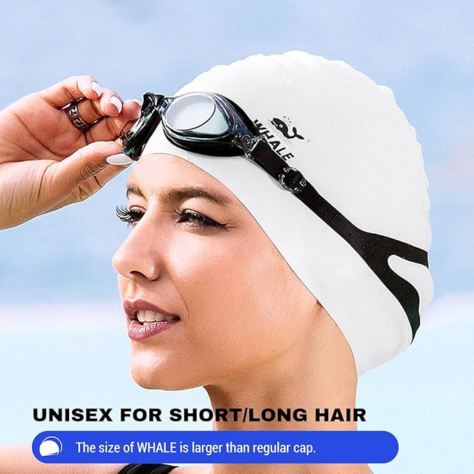 WHALE Extra Large Swim Cap for Women Men, Durable Silicone Swimming Hat with Ear Protection, Unisex Adults Bath Swimming Caps for Long Thick Curly Hair & Dreadlocks Braids Weaves Afro Hair