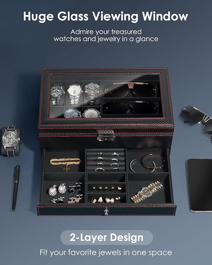 Watch Jewelry Box Organizer, 6-Slot 2-Layer Watch Case and Sunglasses Storage